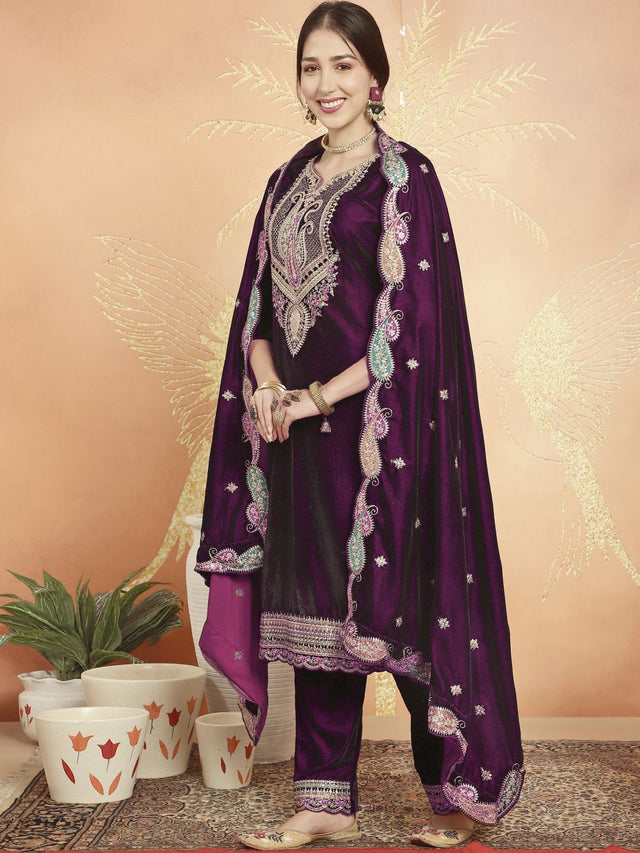 Wine Velvet Embroidered Straight Cut Suits