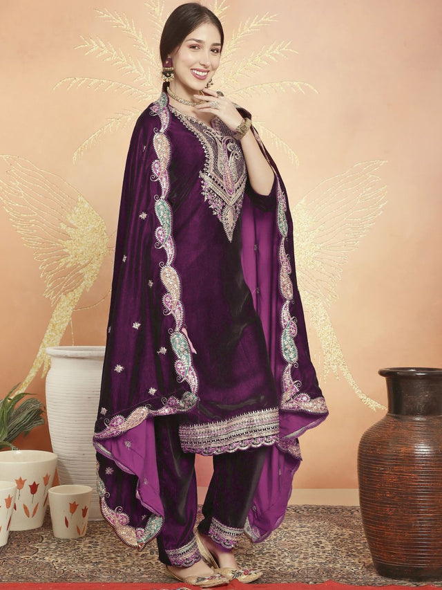 Wine Velvet Embroidered Straight Cut Suits