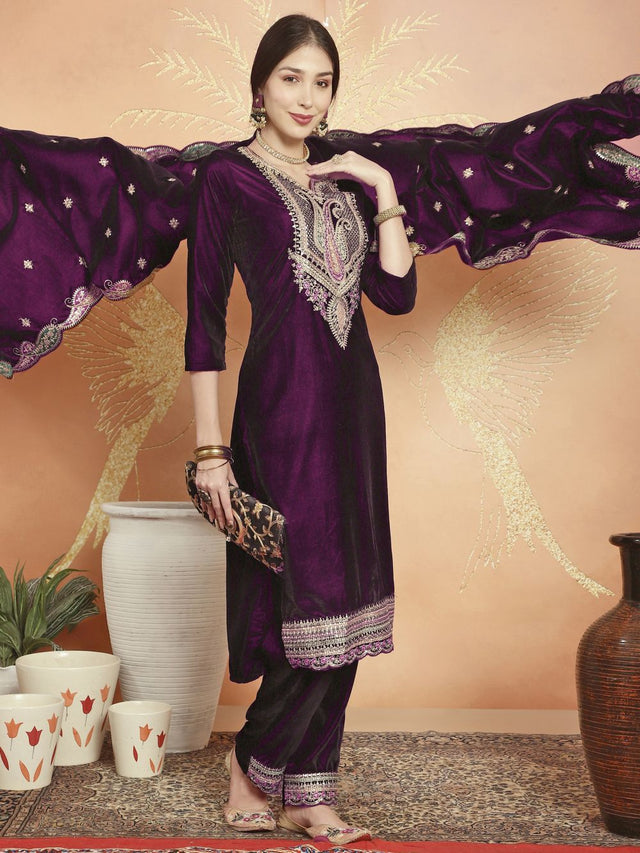 Wine Velvet Embroidered Straight Cut Suits