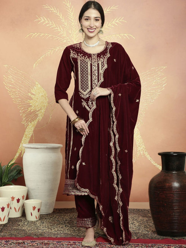 Maroon Velvet Embroidered Straight Cut Suits