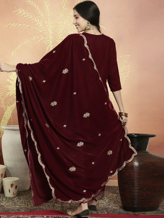 Maroon Velvet Embroidered Straight Cut Suits