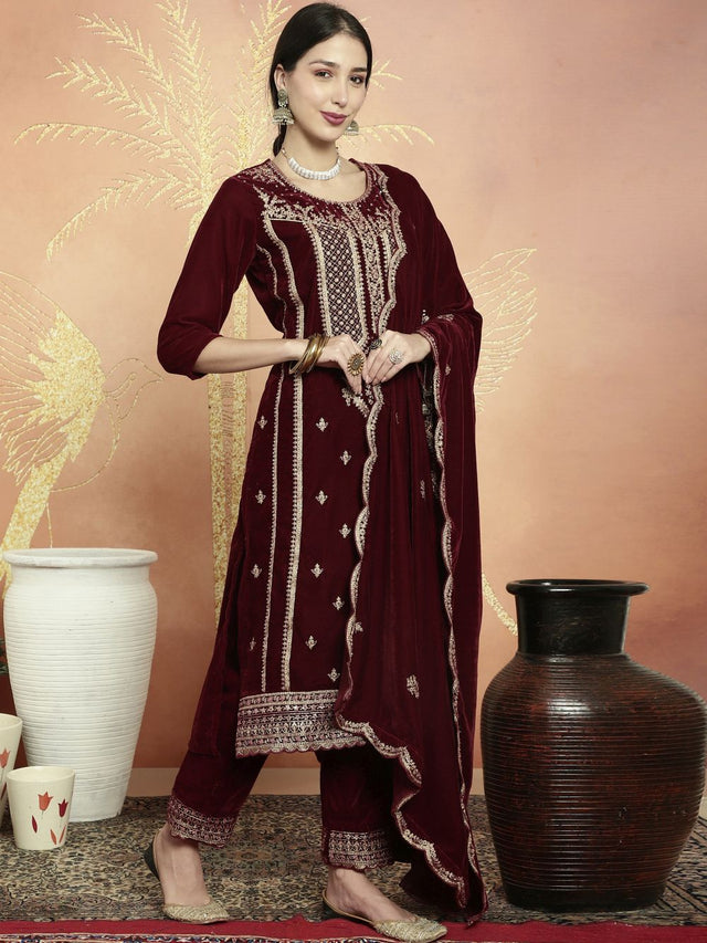 Maroon Velvet Embroidered Straight Cut Suits