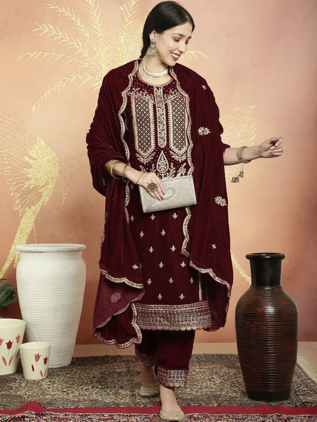 Maroon Velvet Embroidered Straight Cut Suits