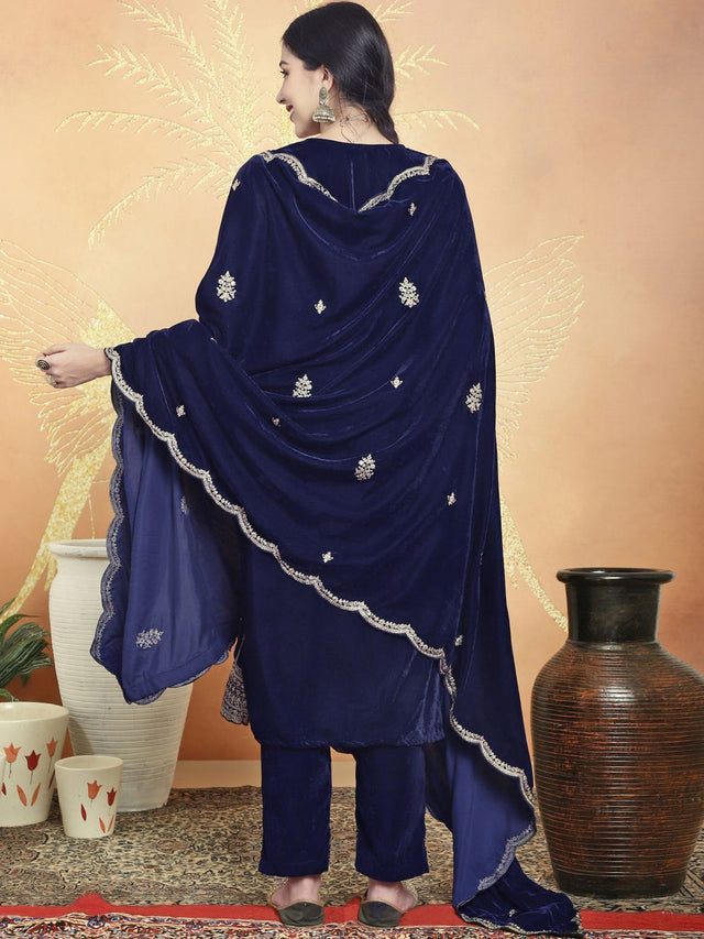Navy Blue Velvet Embroidered Straight Cut Suits