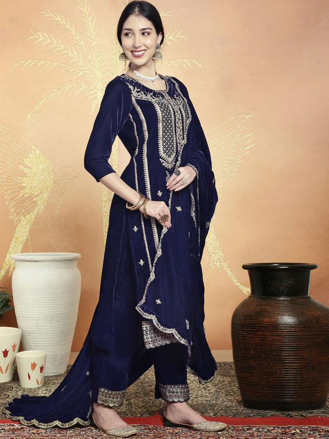 Navy Blue Velvet Embroidered Straight Cut Suits