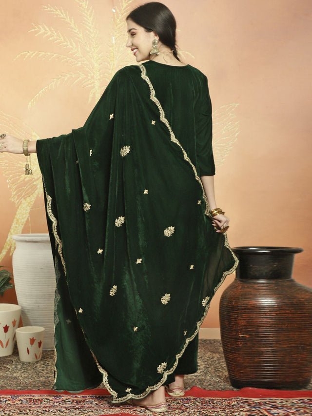 Green Velvet Embroidered Straight Cut Suits