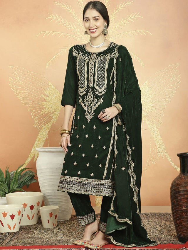 Green Velvet Embroidered Straight Cut Suits