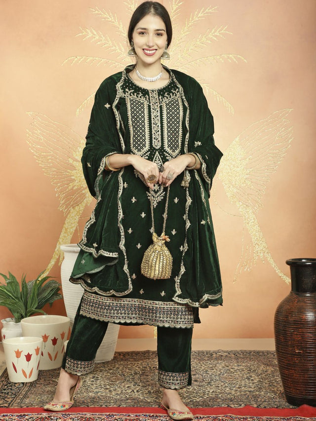 Green Velvet Embroidered Straight Cut Suits