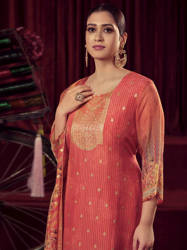 Orange Organza Jacquard Dress Material