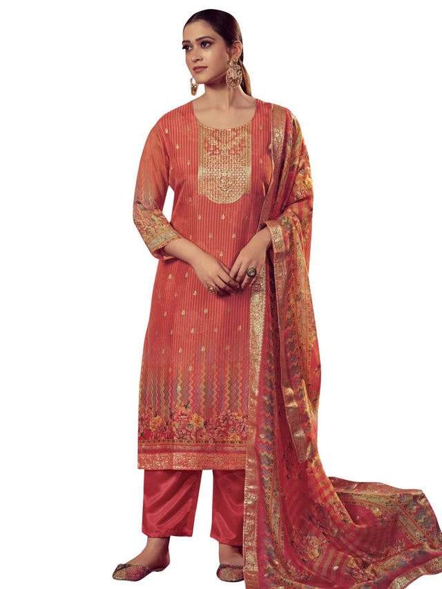 Orange Organza Jacquard Dress Material