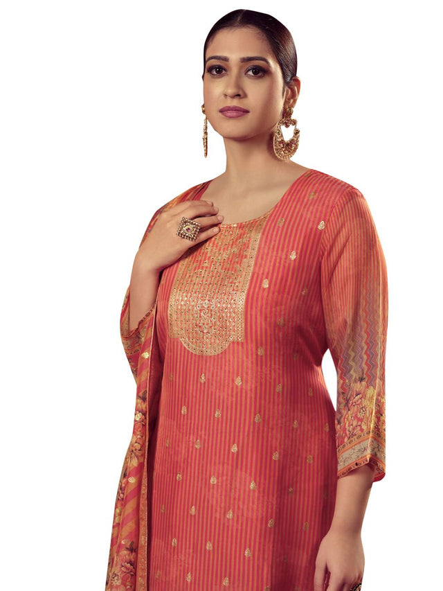 Orange Organza Jacquard Dress Material