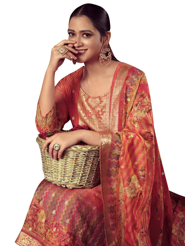 Orange Organza Jacquard Dress Material