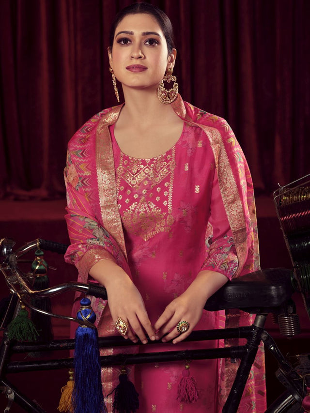 Magenta Organza Jacquard Dress Material