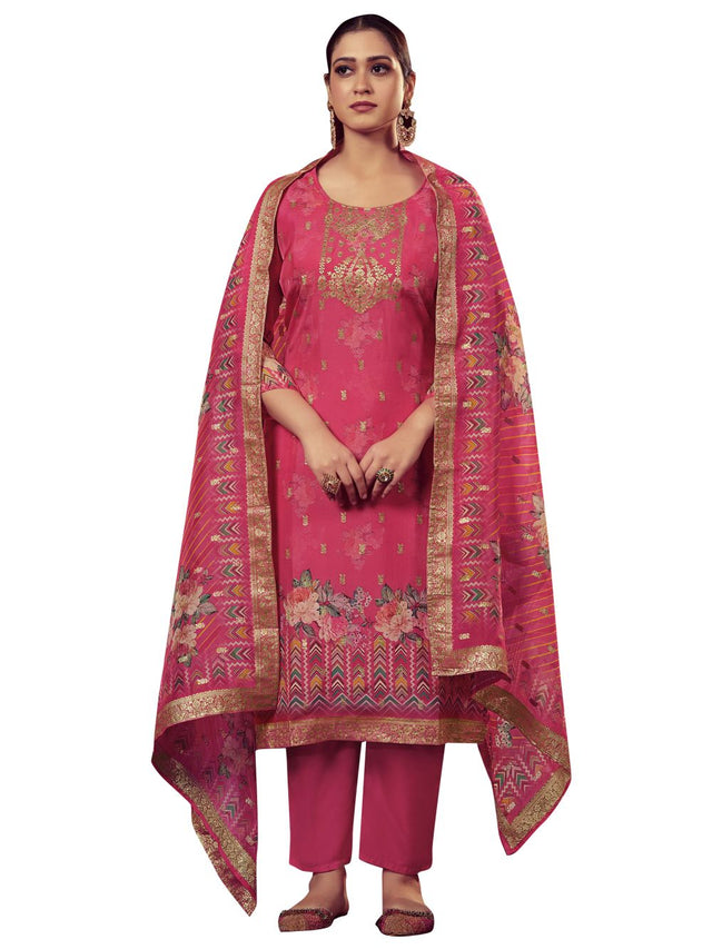 Magenta Organza Jacquard Dress Material