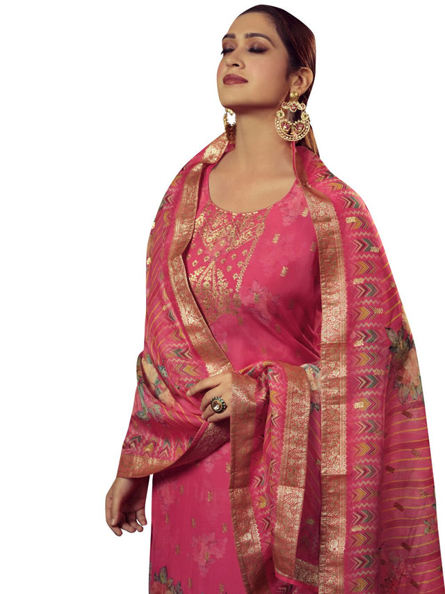 Magenta Organza Jacquard Dress Material