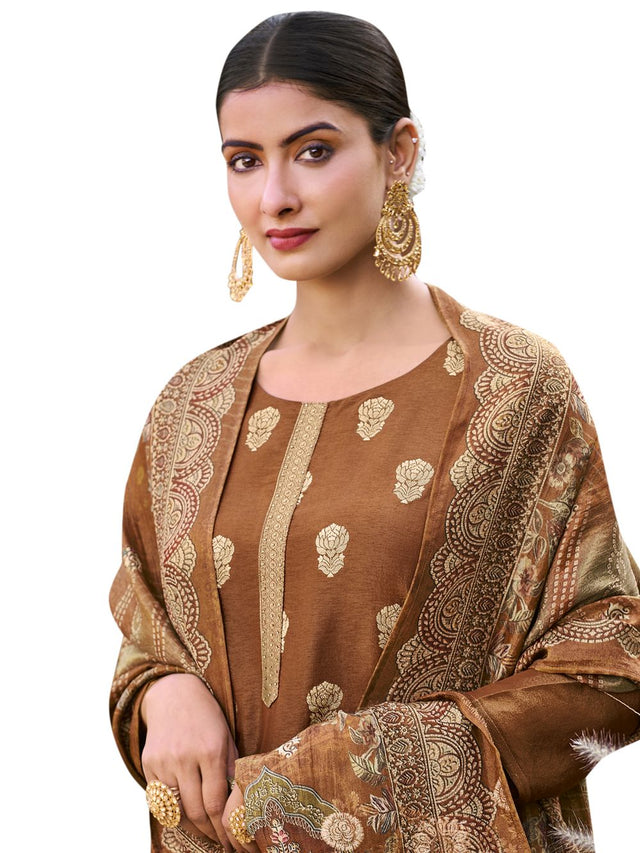 Brown Pure Silk Jacquard Dress Material