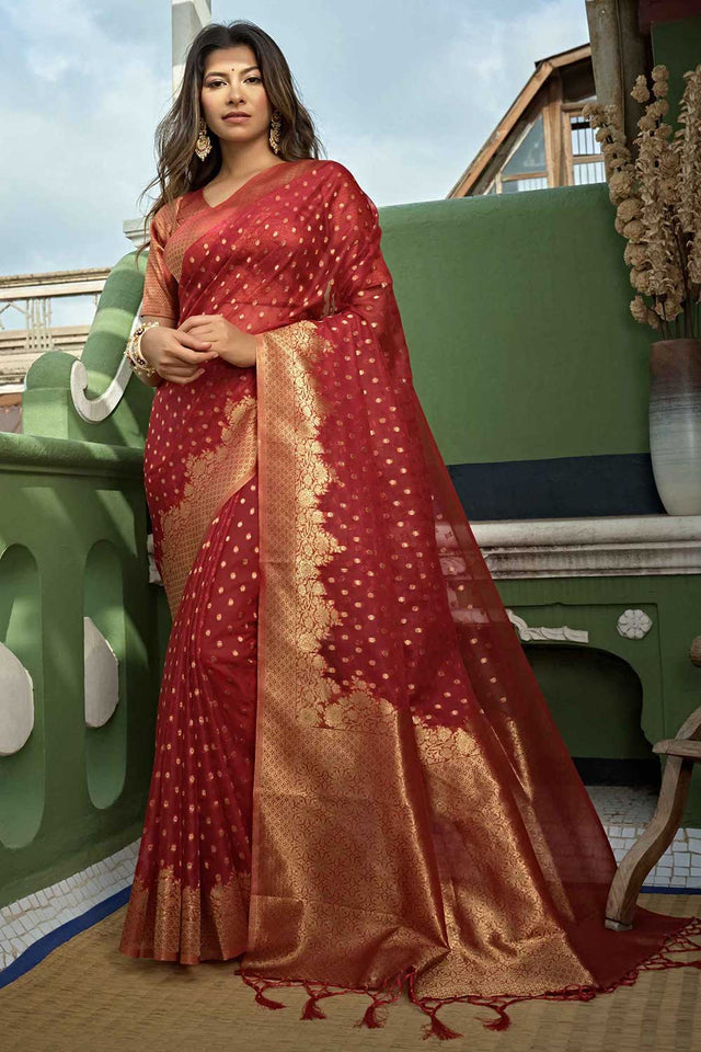 Red Organza Zari Saree