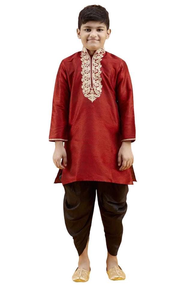 Boys Maroon Silk Neck Embroidered Kurta Pajama Set