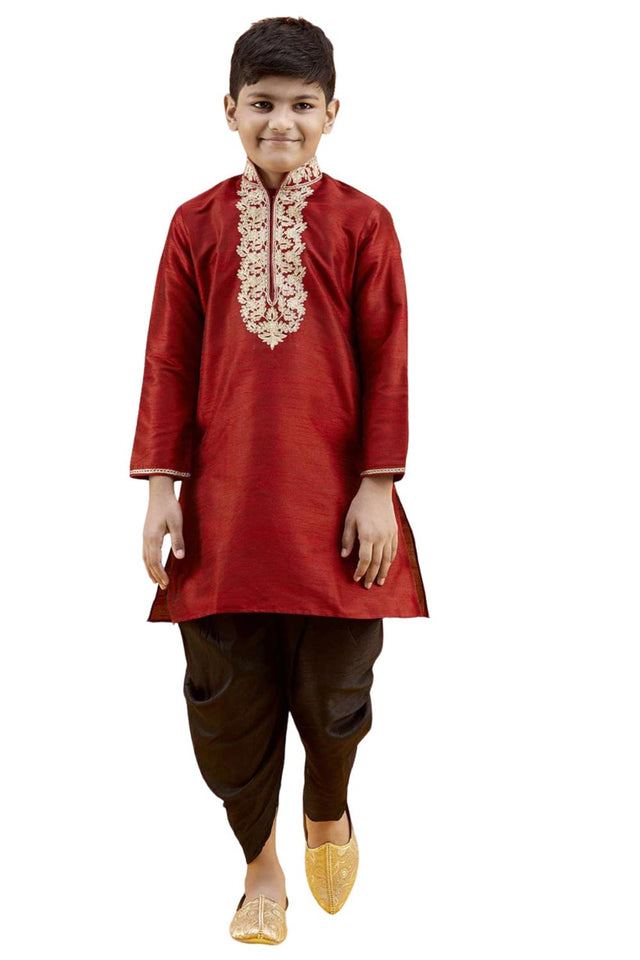 Boys Maroon Silk Neck Embroidered Kurta Pajama Set