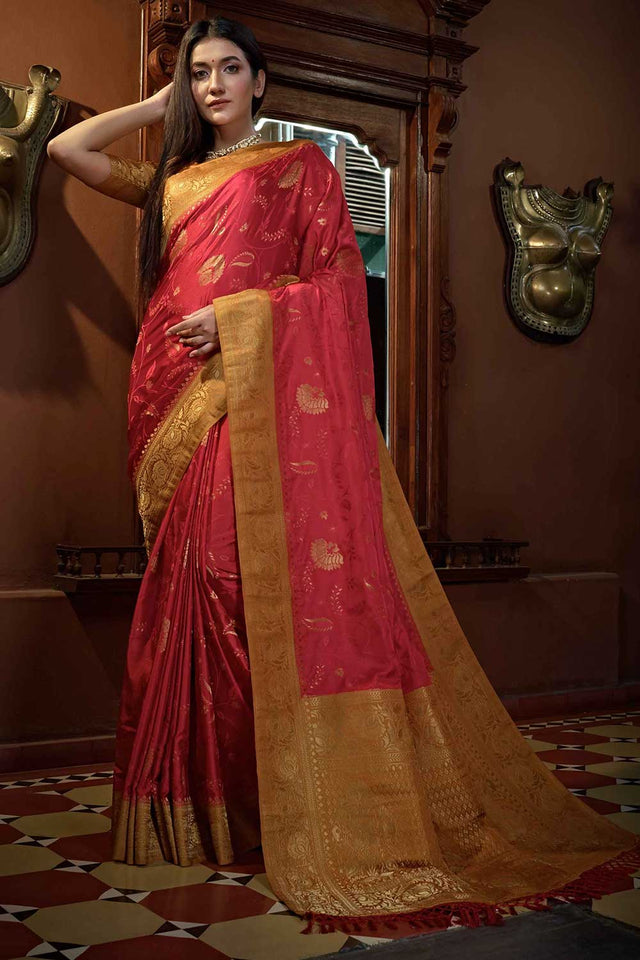 Red Satin Silk Zari Saree