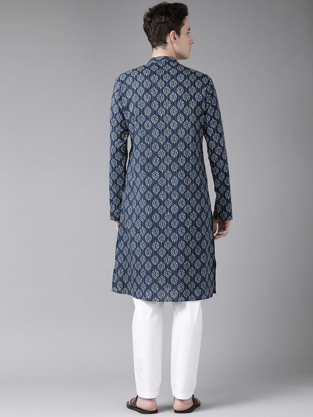 Buy Men's Blue Cotton Printed Kurta Pajama Set Online - Back