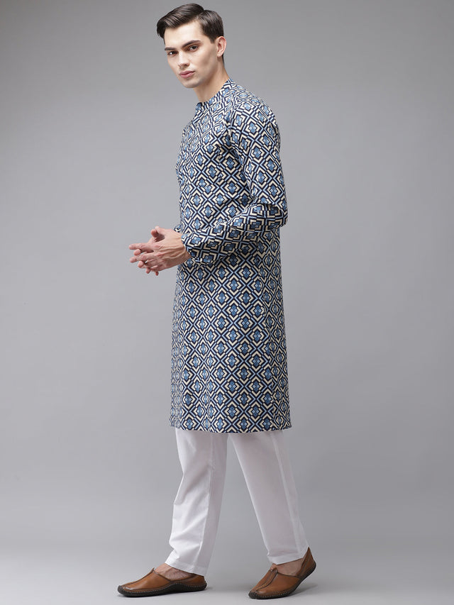 Buy Men's Blue Cotton Printed Straight Kurta Online - Side