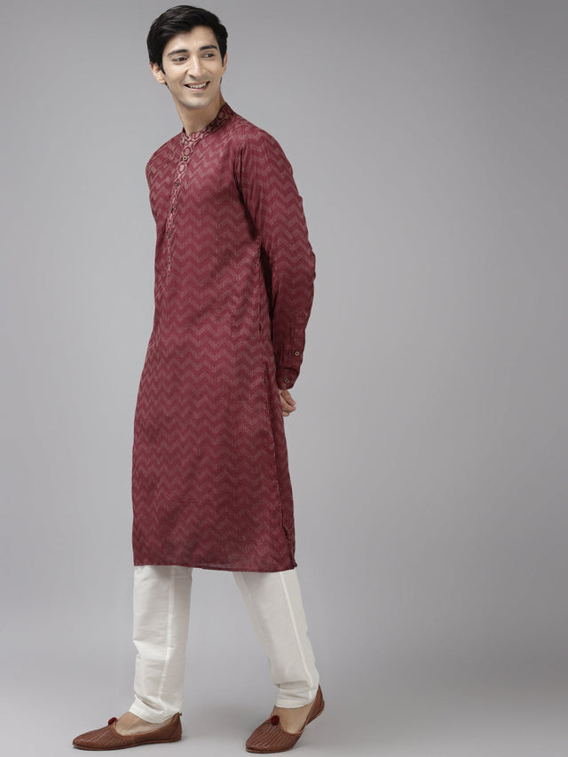 Buy Men's Burgundy Cotton Woven Thread Work Straight Kurta Online - Front