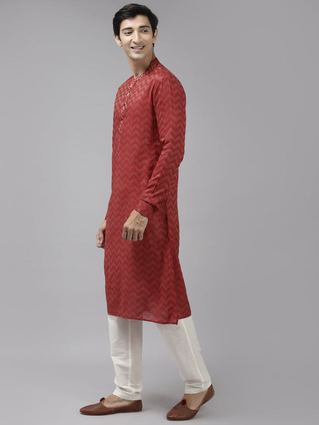 Buy Men's Maroon Cotton Woven Thread Work Straight Kurta Online - Front