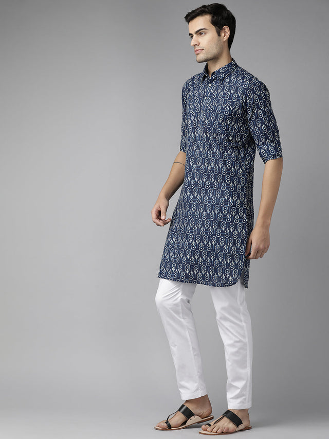 Buy Men's Indigo Pure Cotton Floral Printed Pathani Set Online - Front