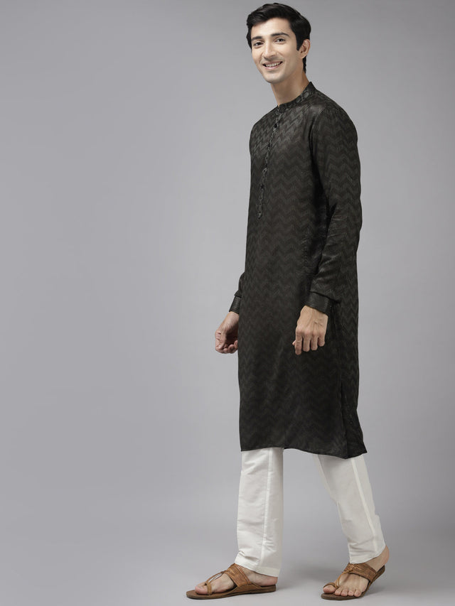Buy Men's Oliveâ Cotton Woven Thread Work Straight Kurta Online - Front