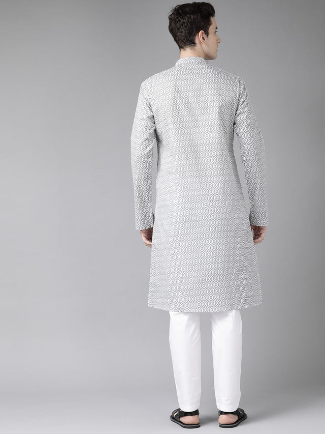 Buy Men's Grey Cotton Printed Straight Kurta Online - Back
