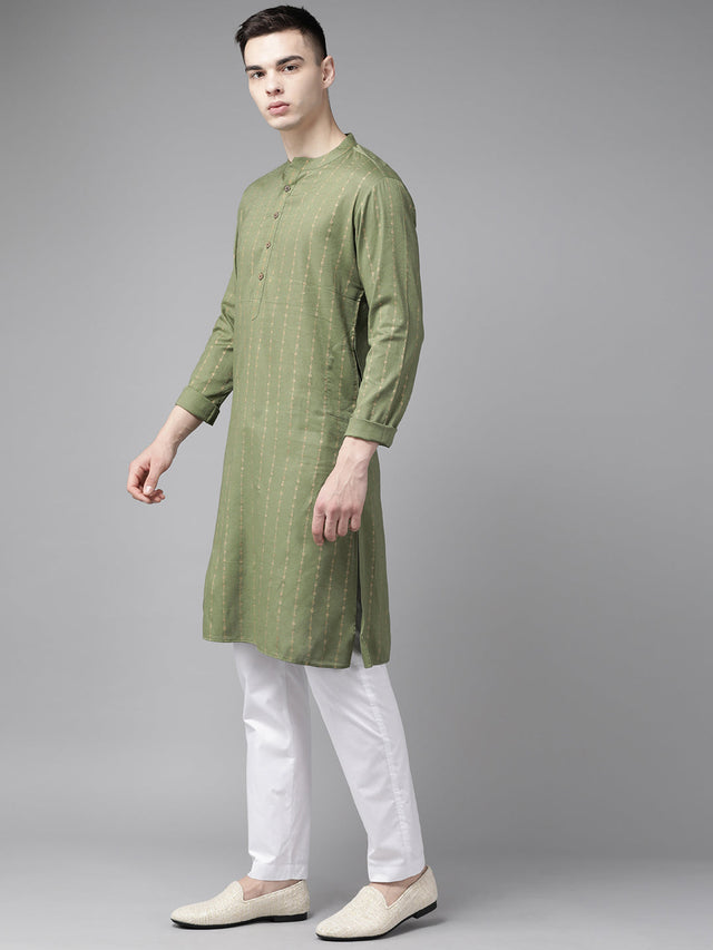 Buy Men's Green Pure Cotton Printed Kurta Pajama Set Online - Front