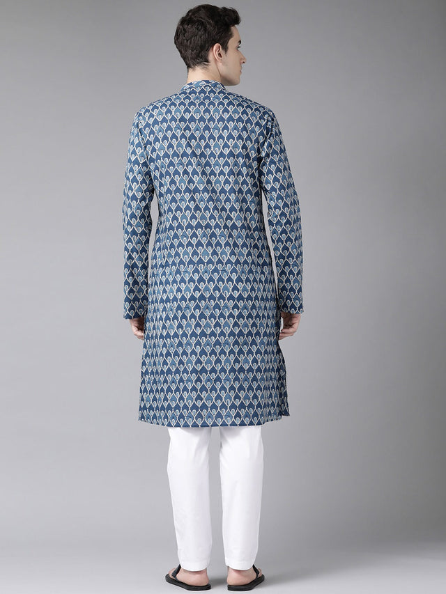 Buy Men's Blue Cotton Printed Kurta Pajama Set Online - Back