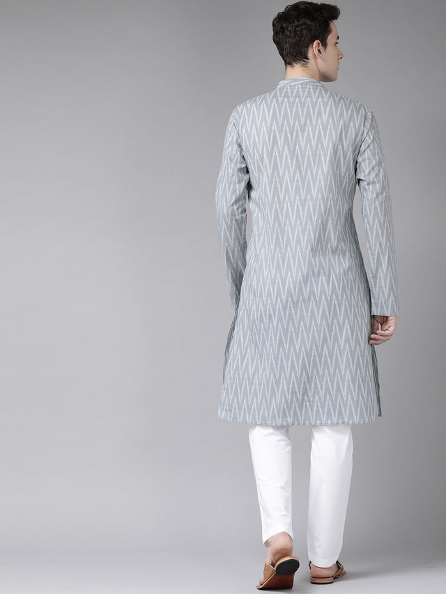 Buy Men's Grey Cotton Printed Kurta Pajama Set Online - Back