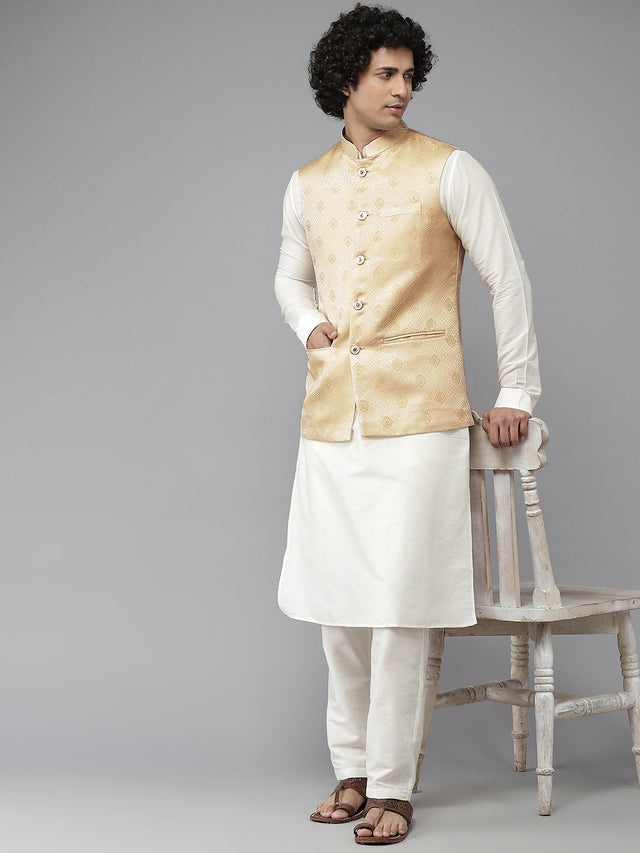 Buy Men's Gold Art Silk Jacquard Woven Design Nehru Jacket Online - Front