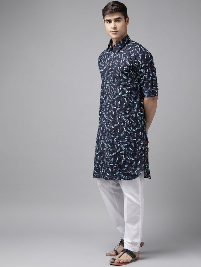 Buy Men's Indigo Pure Cotton Printed Pathani Set Online - Front