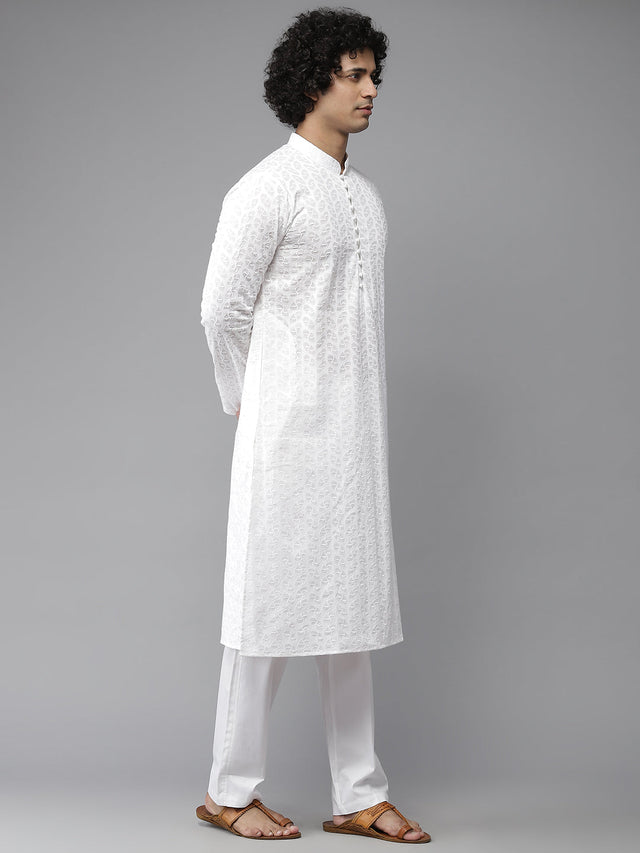 Buy Men's White Pure Cotton Chikankari Embroidered Kurta Pajama Set Online - Front