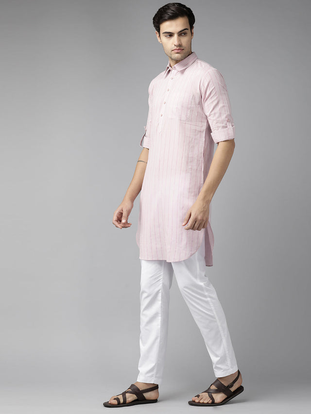Buy Men's Baby Pink Pure Cotton Striped Printed Pathani Set Online - Side