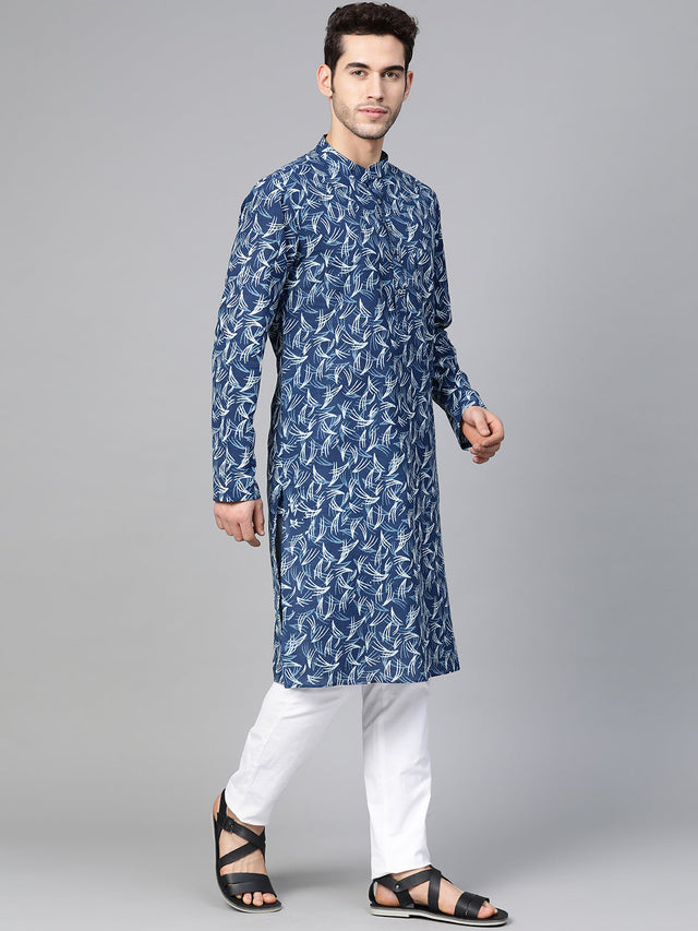 Buy Men's Blue Cotton Tie-And-Dye Block Prints Kurta Pajama Set Online - Zoom In