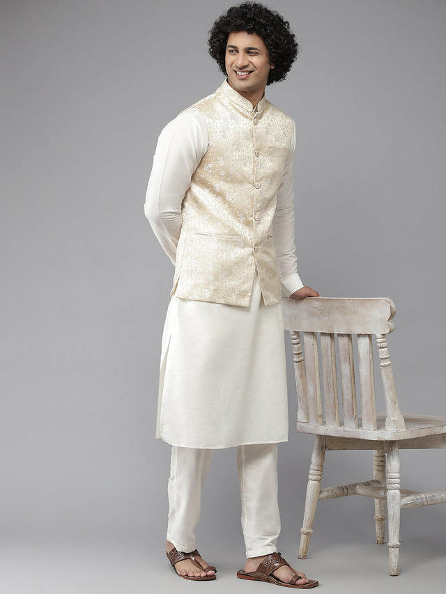 Buy Men's Gold Art Silk Jacquard Woven Design Nehru Jacket Online - Front