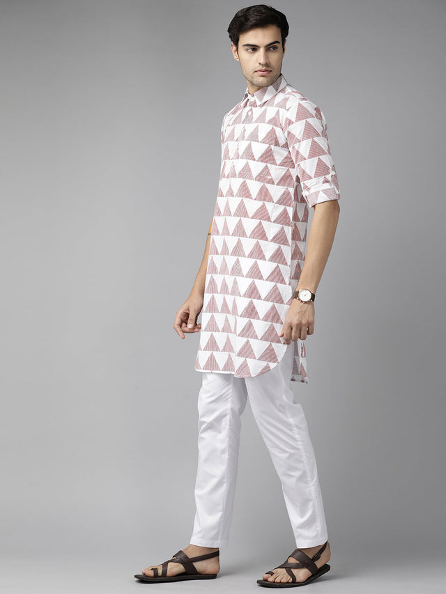 Buy Men's White Pure Cotton Chevron Printed Pathani Set Online - Front