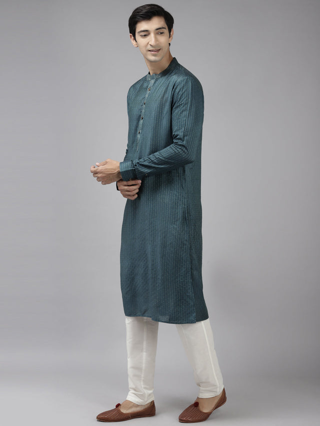 Buy Men's Teal Cotton Woven Thread Work Straight Kurta Online - Front