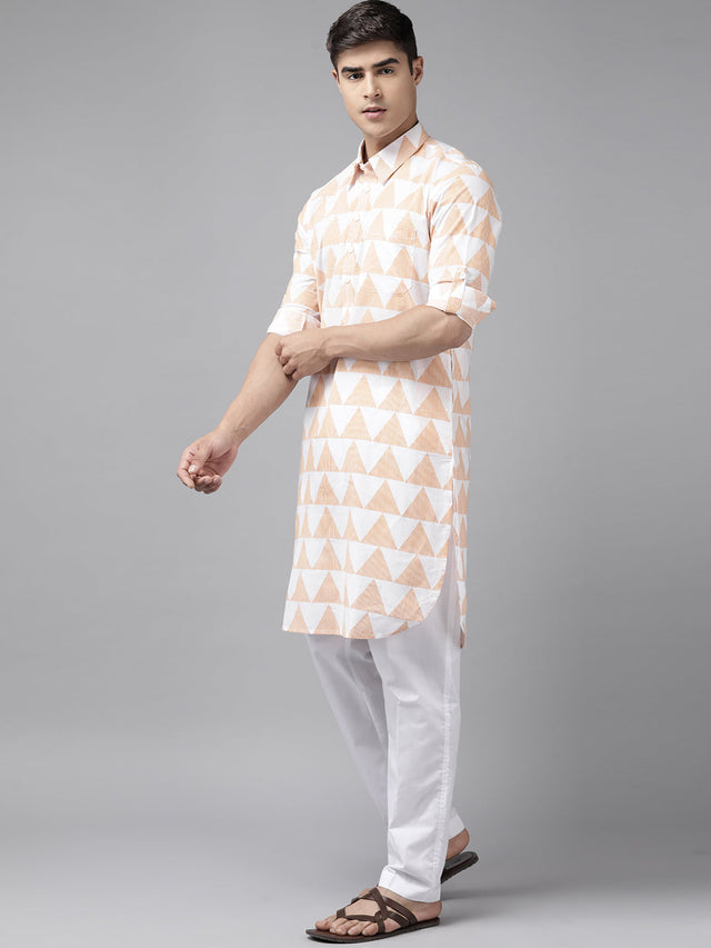 Buy Men's White Pure Cotton Chevron Printed Pathani Set Online - Front