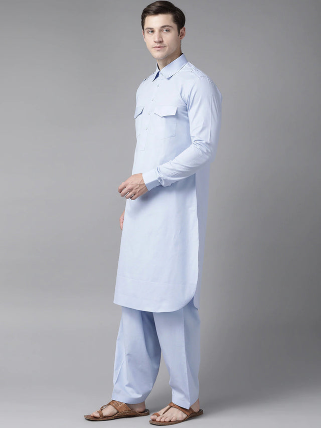 Buy Men's Sky Blue Cotton Solid Pathani Set Online - Side