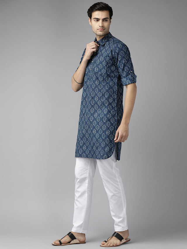 Buy Men's Indigo Pure Cotton Ikat Printed Pathani Set Online - Front