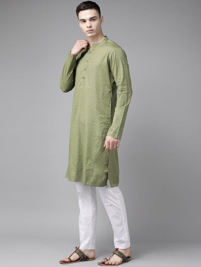 Buy Men's Green Cotton Printed Straight Kurta Online - Front