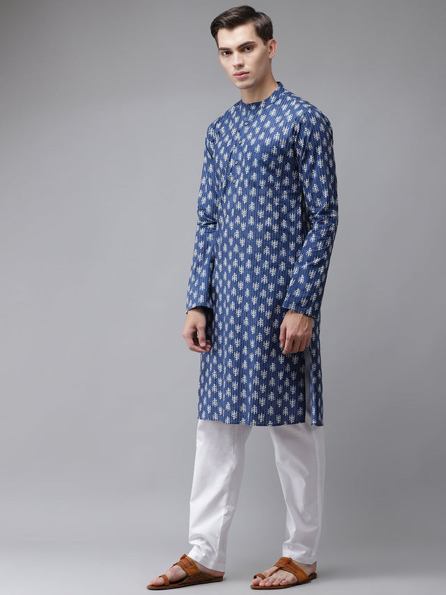 Buy Men's Blue Cotton Printed Kurta Pajama Set Online - Front