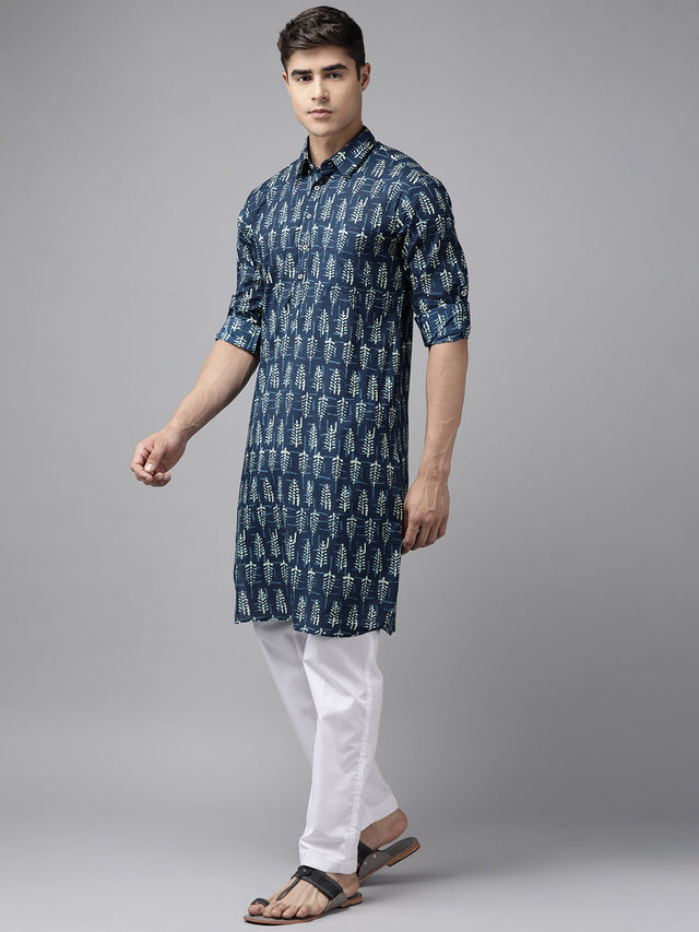Buy Men's Indigo Pure Cotton Printed Pathani Set Online - Front