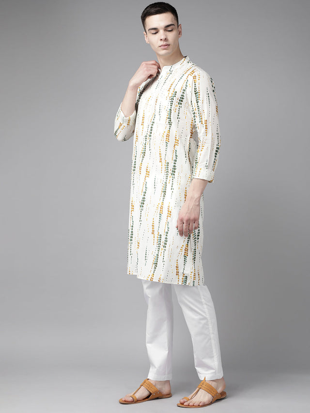 Buy Men's White Pure Cotton Tie And Dye Print Kurta Pajama Set Online - Front