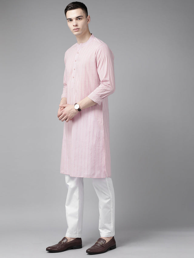 Buy Men's Pink Pure Cotton Printed Kurta Pajama Set Online - Front